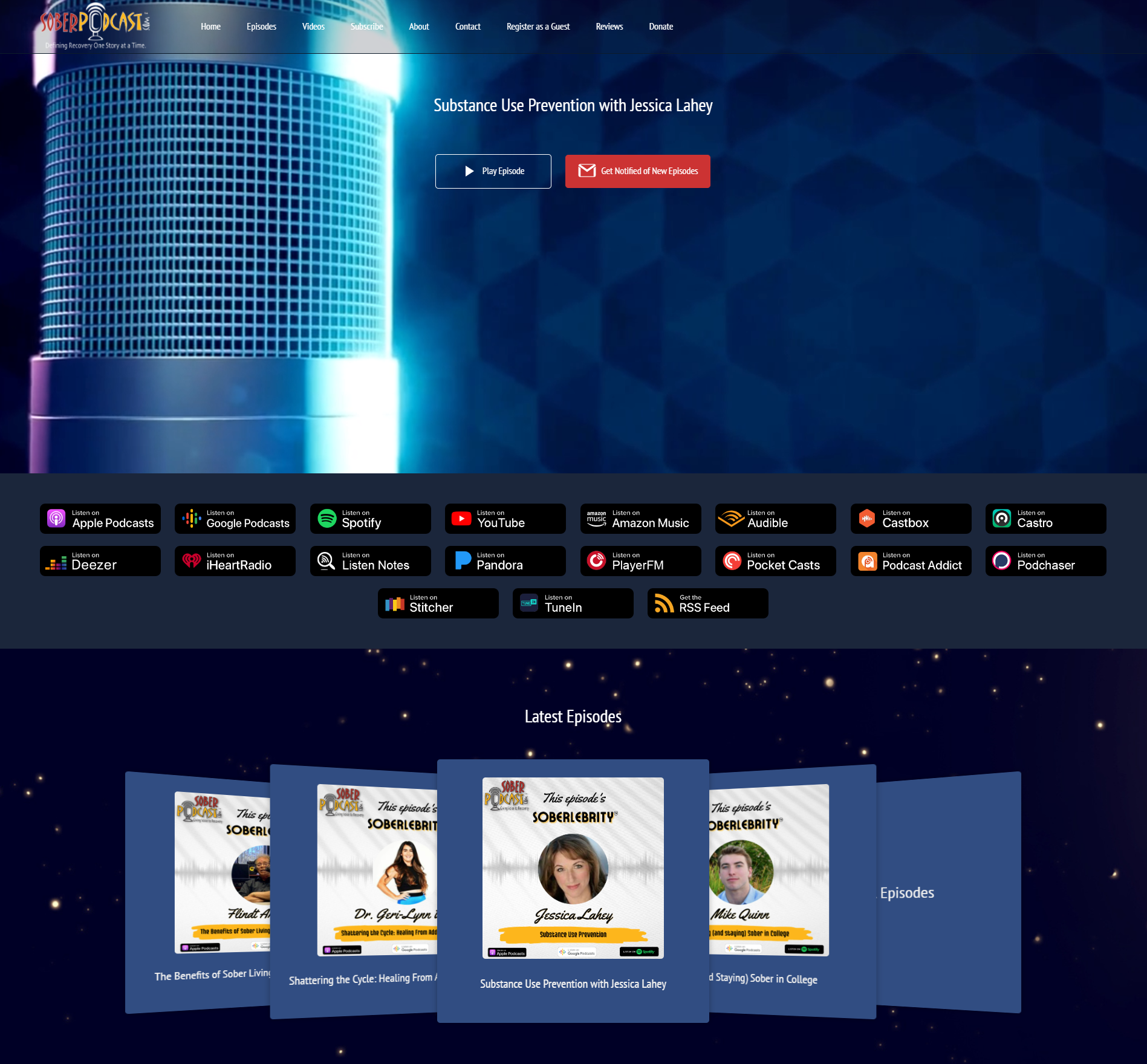Sober Podcast website example - dark theme with video background